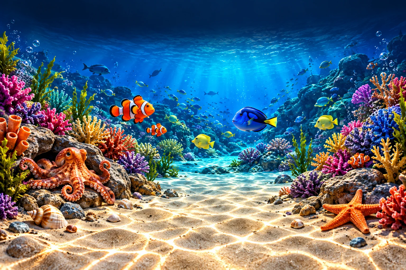 A detailed underwater seabed with golden sand, colorful coral, tropical fish and sea creatures